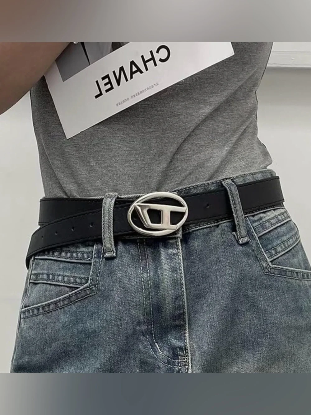 Trendy & Affordable Unisex Black Adjustable Belt with Silver tone Y2K Buckle.